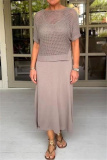 White O Neck Half Sleeve Hollow Out Knit Tops And Maxi Dress Vacation Casual Two Pieces Dress Sets