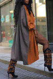 Orange Colorblock Turndown Collar Pocket Buttons Casual Vacation Loose Midi Shirt Dresses