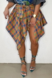 Orange Plaid Print High Waist Irregular Hem Belted Casual Mini Skirt