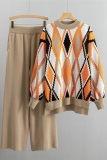 Khaki Rhombus Print O Neck Long Sleeve Sweatshirt And Wide Leg Casual Two Pieces Sweatsuit Sets