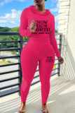 Blue Letters Print Long Sleeve Hooded Sweatshirt and Draw String Pocket Skinny Pants Casual Sportwear Two Pieces Jogger Sets