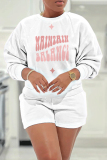 White Blue Letter Print O Neck Long Sleeve Sweatshirt and Shorts Casual Sportwear Two Pieces Outfits