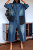 Blue O Neck 3/4 Sleeve Pocket Buttons Casual Plus Size Denim Wide Leg Jumpsuits