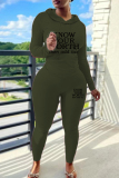 Blue Letters Print Long Sleeve Hooded Sweatshirt and Draw String Pocket Skinny Pants Casual Sportwear Two Pieces Jogger Sets