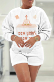 White Blue Letter Print O Neck Long Sleeve Sweatshirt and Shorts Casual Sportwear Two Pieces Outfits