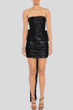 White Sleeveless Sequins Bow Decor Backless Strapless Evening Party Gown Formal Bodycon Tube Mini Dresses