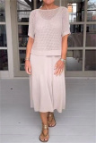 White O Neck Half Sleeve Hollow Out Knit Tops And Maxi Dress Vacation Casual Two Pieces Dress Sets