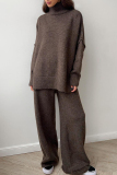 Light Khaki Turtleneck Long Sleeve Knitted Sweater Tops And Wide Leg Pants Casual Two Pieces Trouser Sets