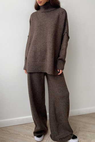Light Khaki Turtleneck Long Sleeve Knitted Sweater Tops And Wide Leg Pants Casual Two Pieces Trouser Sets