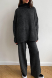 Light Khaki Turtleneck Long Sleeve Knitted Sweater Tops And Wide Leg Pants Casual Two Pieces Trouser Sets