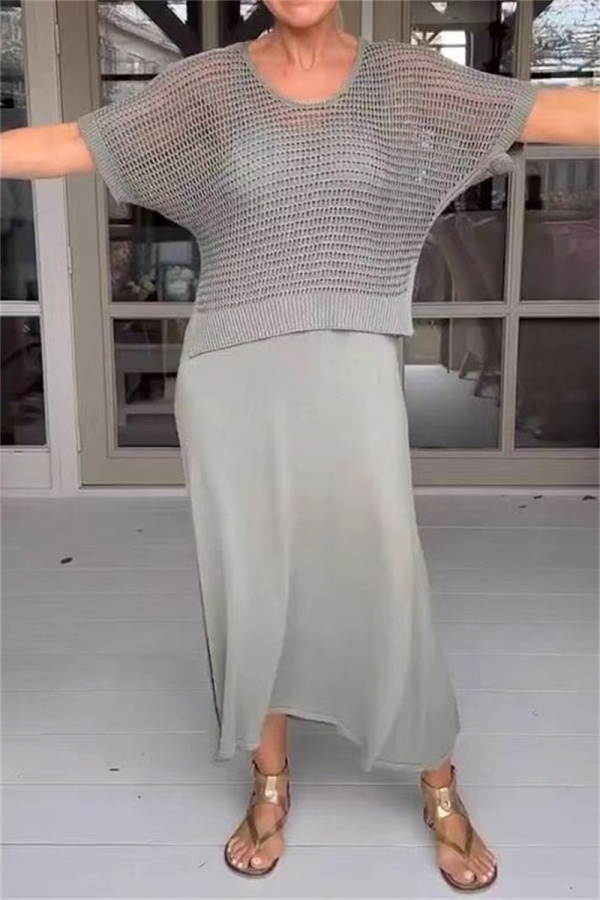 White O Neck Half Sleeve Hollow Out Knit Tops And Maxi Dress Vacation Casual Two Pieces Dress Sets
