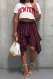 Orange Plaid Print High Waist Irregular Hem Belted Casual Mini Skirt