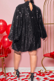Black Sequins Bow Decor O Neck Long Sleeve Casual Long Formal Evening Party Prom Shimmer Mini Dresses