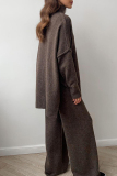 Light Khaki Turtleneck Long Sleeve Knitted Sweater Tops And Wide Leg Pants Casual Two Pieces Trouser Sets