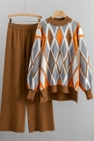 Khaki Rhombus Print O Neck Long Sleeve Sweatshirt And Wide Leg Casual Two Pieces Sweatsuit Sets