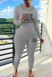 Blue Letters Print Long Sleeve Hooded Sweatshirt and Draw String Pocket Skinny Pants Casual Sportwear Two Pieces Jogger Sets