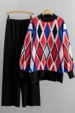 Khaki Rhombus Print O Neck Long Sleeve Sweatshirt And Wide Leg Casual Two Pieces Sweatsuit Sets