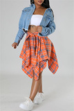 Orange Plaid Print High Waist Irregular Hem Belted Casual Mini Skirt