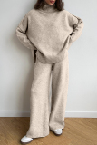 Light Khaki Turtleneck Long Sleeve Knitted Sweater Tops And Wide Leg Pants Casual Two Pieces Trouser Sets
