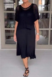 White O Neck Half Sleeve Hollow Out Knit Tops And Maxi Dress Vacation Casual Two Pieces Dress Sets