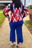 Khaki Rhombus Print O Neck Long Sleeve Sweatshirt And Wide Leg Casual Two Pieces Sweatsuit Sets