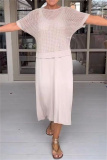 White O Neck Half Sleeve Hollow Out Knit Tops And Maxi Dress Vacation Casual Two Pieces Dress Sets