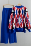 Khaki Rhombus Print O Neck Long Sleeve Sweatshirt And Wide Leg Casual Two Pieces Sweatsuit Sets