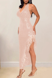 Red Evening Party Gown Sleeveless Sequin V Neck Fringed Trim Irregular Hem Formal Evening Party Prom Bodycon Maxi Dresses