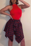 Orange Plaid Print High Waist Irregular Hem Belted Casual Mini Skirt
