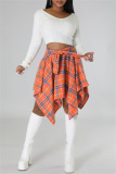 Orange Plaid Print High Waist Irregular Hem Belted Casual Mini Skirt