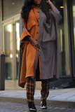 Orange Colorblock Turndown Collar Pocket Buttons Casual Vacation Loose Midi Shirt Dresses