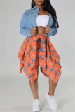Orange Plaid Print High Waist Irregular Hem Belted Casual Mini Skirt