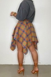 Orange Plaid Print High Waist Irregular Hem Belted Casual Mini Skirt
