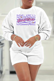 White Blue Letter Print O Neck Long Sleeve Sweatshirt and Shorts Casual Sportwear Two Pieces Outfits