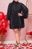 Black Sequins Bow Decor O Neck Long Sleeve Casual Long Formal Evening Party Prom Shimmer Mini Dresses