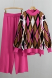 Khaki Rhombus Print O Neck Long Sleeve Sweatshirt And Wide Leg Casual Two Pieces Sweatsuit Sets
