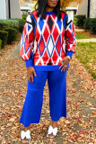 Khaki Rhombus Print O Neck Long Sleeve Sweatshirt And Wide Leg Casual Two Pieces Sweatsuit Sets