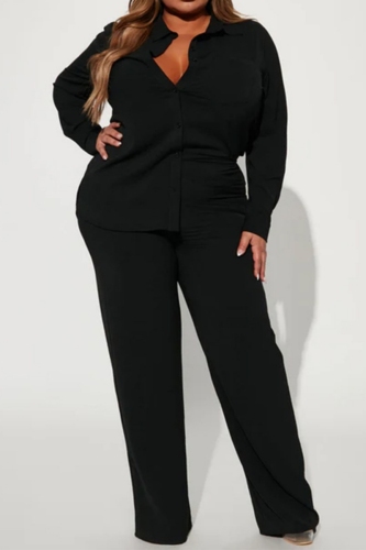 Black Turndown Collar Long Sleeve Buttons Blouse And Wide Leg Pants Casual Formal Office Lady Two Pieces Trouser Sets