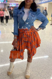 Orange Plaid Print High Waist Irregular Hem Belted Casual Mini Skirt