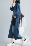 Blue O Neck 3/4 Sleeve Pocket Buttons Casual Plus Size Denim Wide Leg Jumpsuits