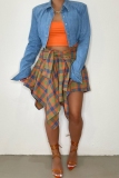 Orange Plaid Print High Waist Irregular Hem Belted Casual Mini Skirt