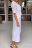 White O Neck Half Sleeve Hollow Out Knit Tops And Maxi Dress Vacation Casual Two Pieces Dress Sets