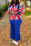 Khaki Rhombus Print O Neck Long Sleeve Sweatshirt And Wide Leg Casual Two Pieces Sweatsuit Sets
