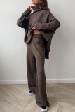 Light Khaki Turtleneck Long Sleeve Knitted Sweater Tops And Wide Leg Pants Casual Two Pieces Trouser Sets