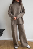 Light Khaki Turtleneck Long Sleeve Knitted Sweater Tops And Wide Leg Pants Casual Two Pieces Trouser Sets