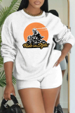 White Black Letter Print O Neck Long Sleeve Sweatshirt and Shorts Sportwear Casual Two Pieces Outfits