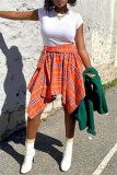 Orange Plaid Print High Waist Irregular Hem Belted Casual Mini Skirt