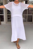 White O Neck Half Sleeve Hollow Out Knit Tops And Maxi Dress Vacation Casual Two Pieces Dress Sets