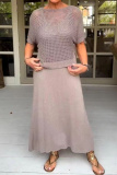 White O Neck Half Sleeve Hollow Out Knit Tops And Maxi Dress Vacation Casual Two Pieces Dress Sets