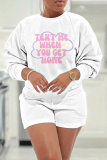 White Blue Letter Print O Neck Long Sleeve Sweatshirt and Shorts Casual Sportwear Two Pieces Outfits